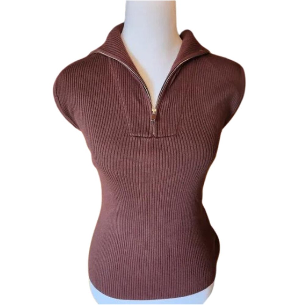 GALLERY COUTURE Designer Zip Front Sleeveless Brown Top Size Small